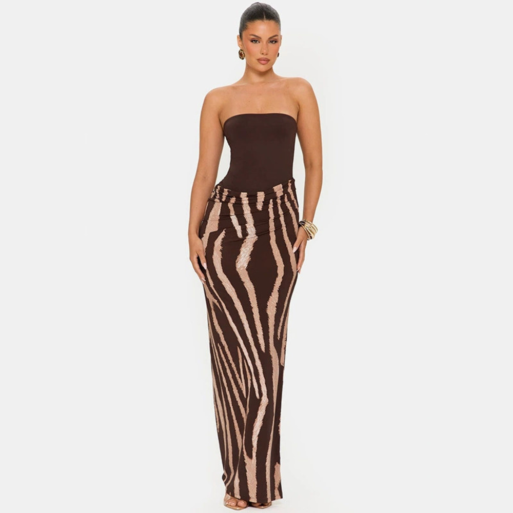 Zara Leopard Print Patchwork Fitted Bandeau Long Dress